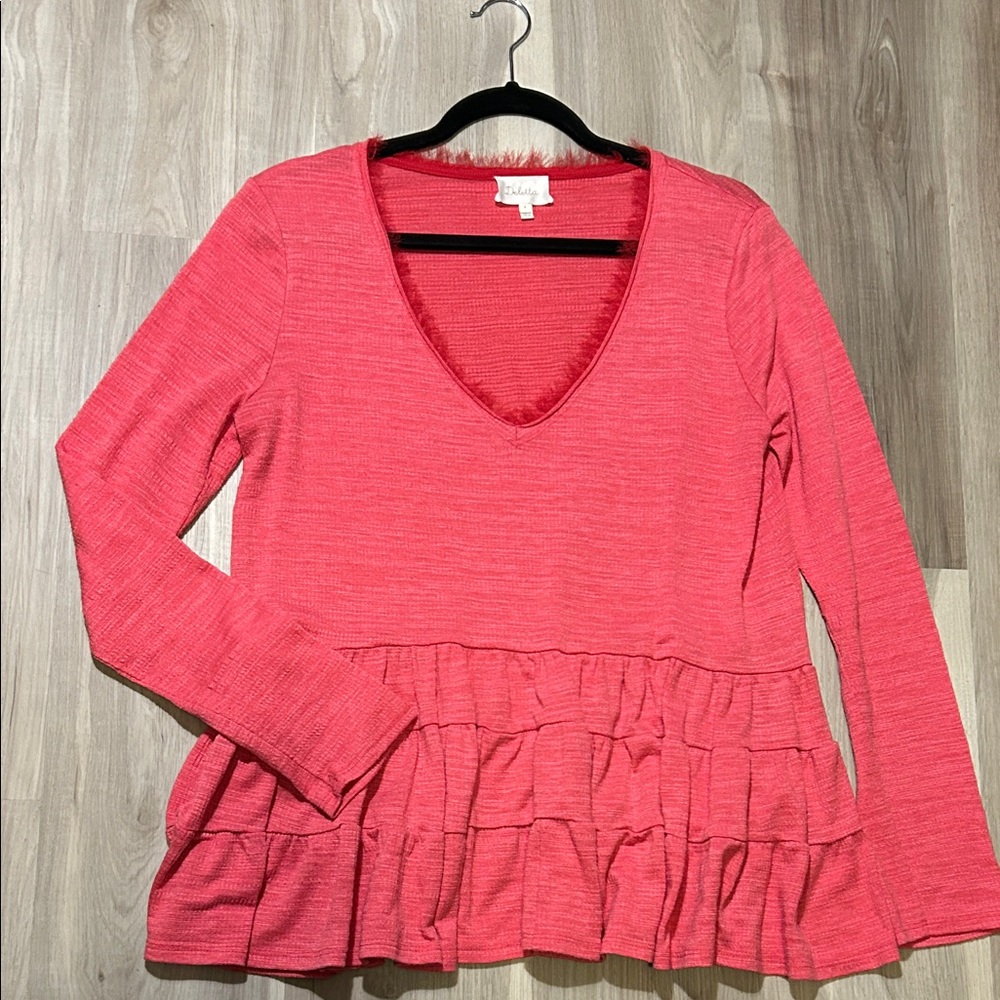 Anthropologie Deletta Coral Ruffle V-Neck Top